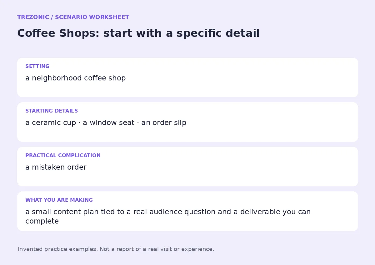 Practice worksheet for Coffee Shops: setting, starting details, complication and goal