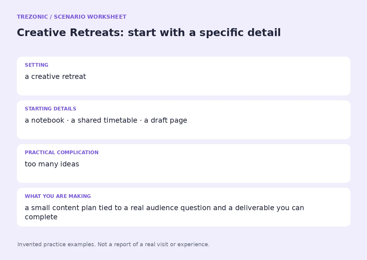 Practice worksheet for Creative Retreats: setting, starting details, complication and goal