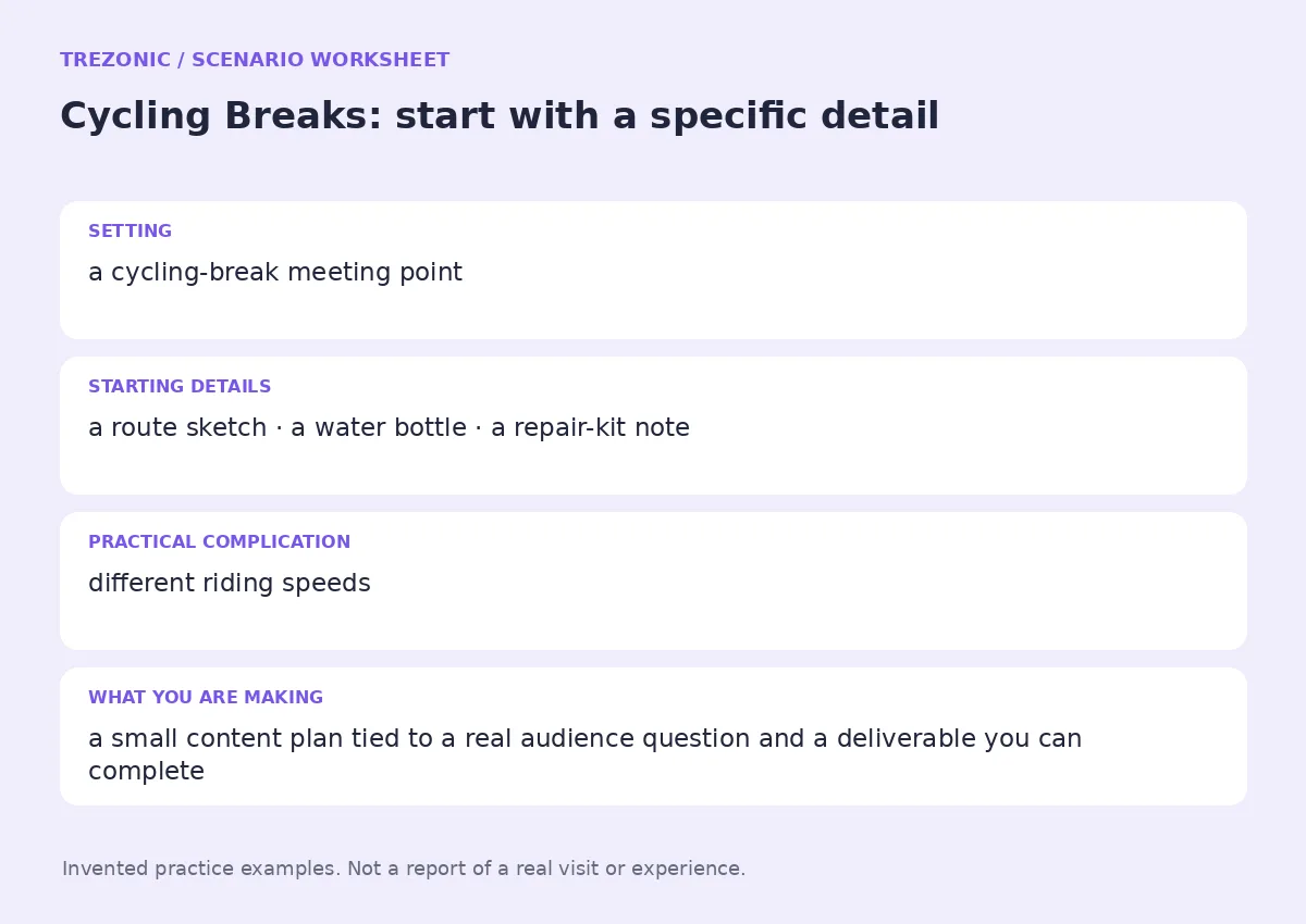 Practice worksheet for Cycling Breaks: setting, starting details, complication and goal