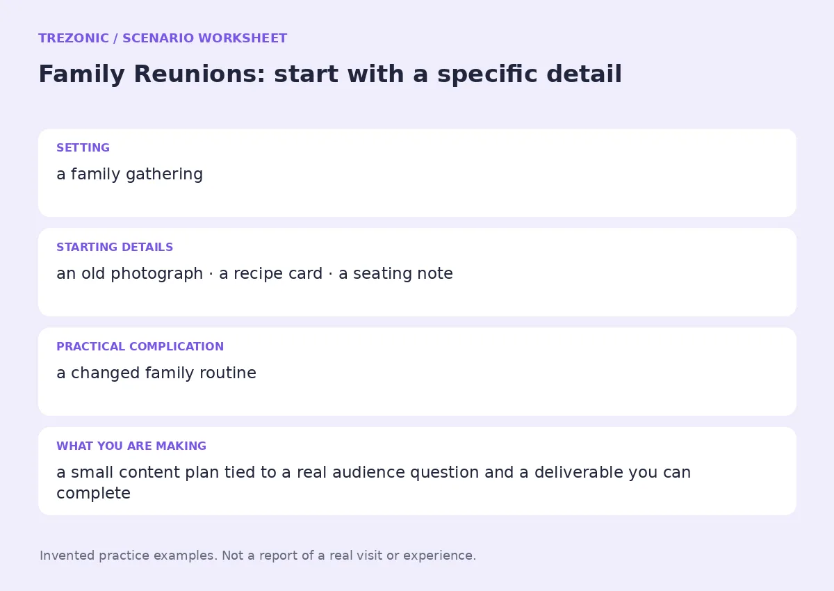 Practice worksheet for Family Reunions: setting, starting details, complication and goal