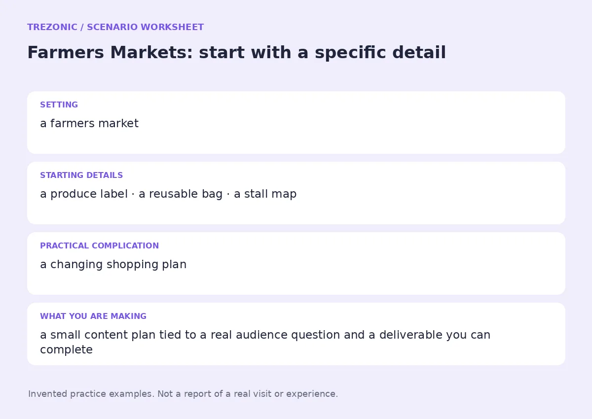 Practice worksheet for Farmers Markets: setting, starting details, complication and goal
