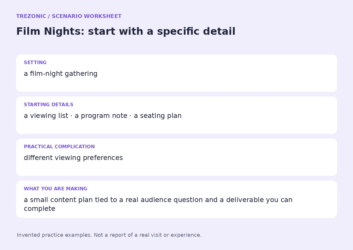 Practice worksheet for Film Nights: setting, starting details, complication and goal