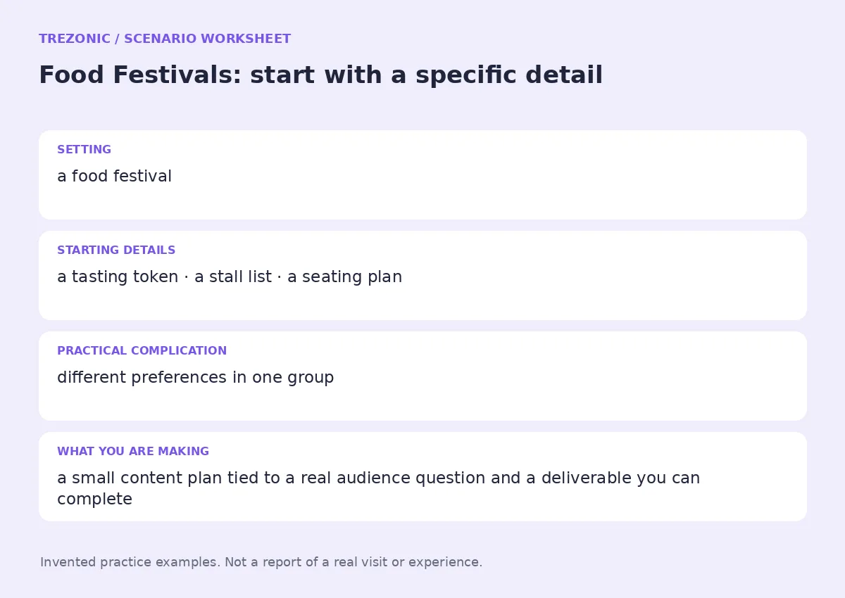 Practice worksheet for Food Festivals: setting, starting details, complication and goal