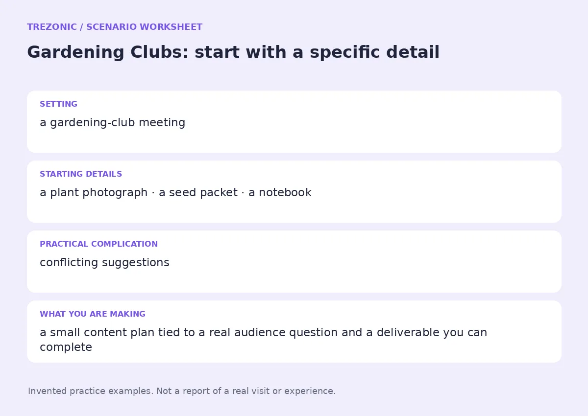 Practice worksheet for Gardening Clubs: setting, starting details, complication and goal