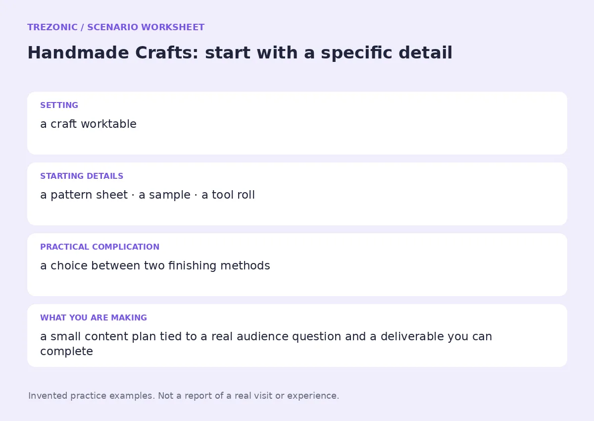 Practice worksheet for Handmade Crafts: setting, starting details, complication and goal