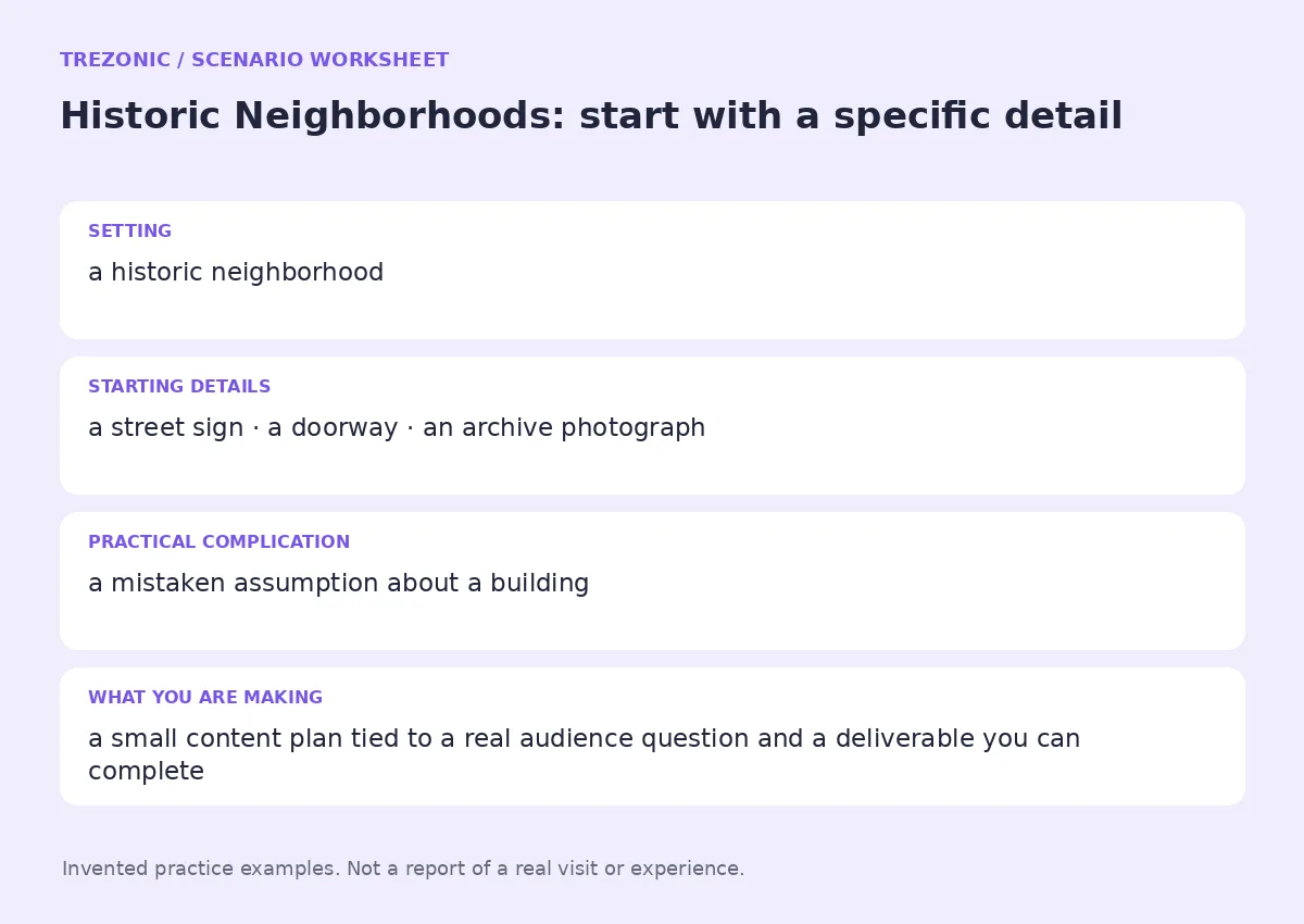 Practice worksheet for Historic Neighborhoods: setting, starting details, complication and goal
