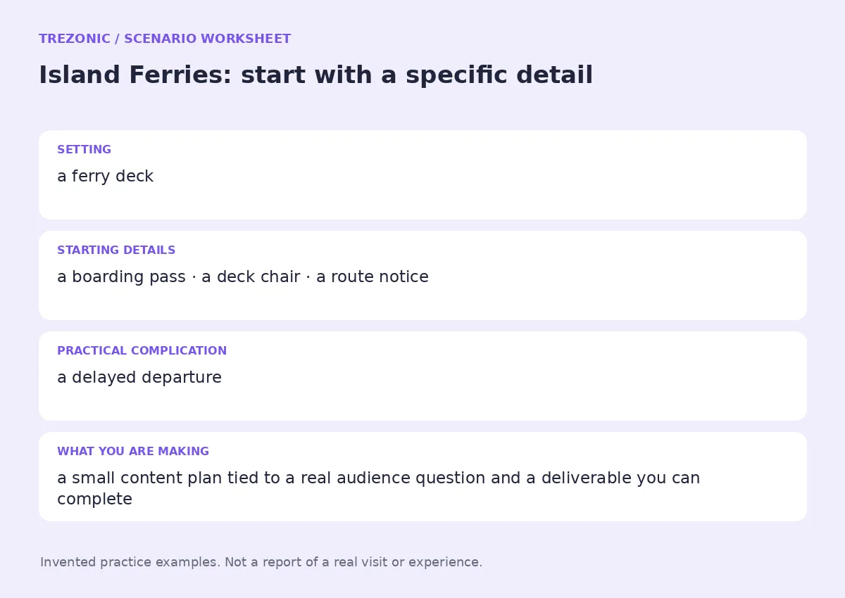 Practice worksheet for Island Ferries: setting, starting details, complication and goal