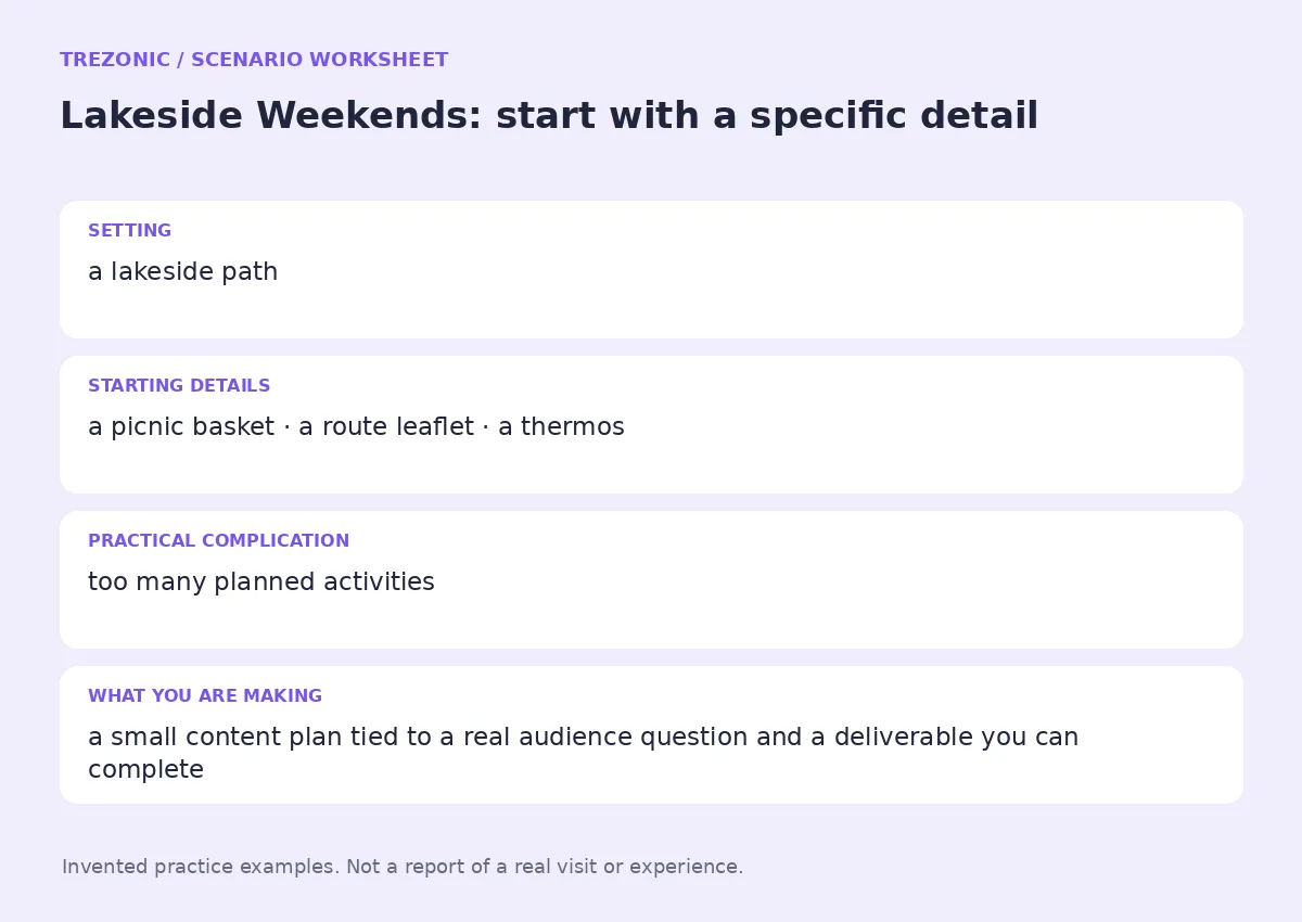 Practice worksheet for Lakeside Weekends: setting, starting details, complication and goal