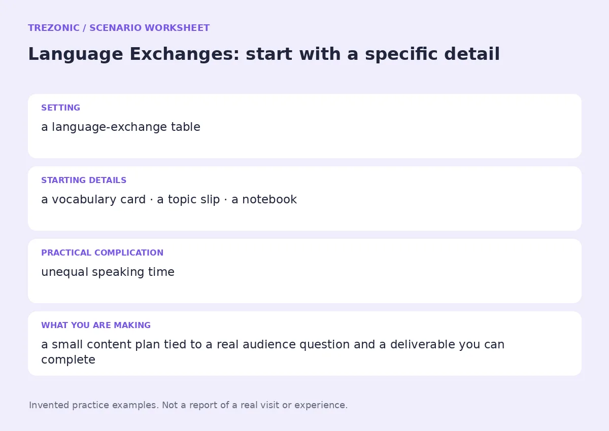 Practice worksheet for Language Exchanges: setting, starting details, complication and goal