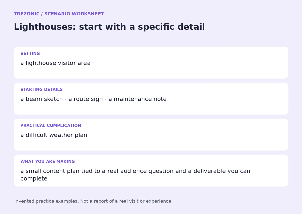 Practice worksheet for Lighthouses: setting, starting details, complication and goal