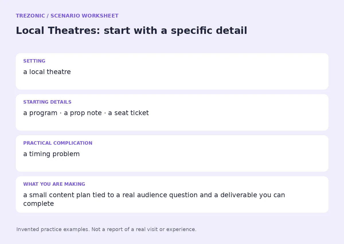Practice worksheet for Local Theatres: setting, starting details, complication and goal