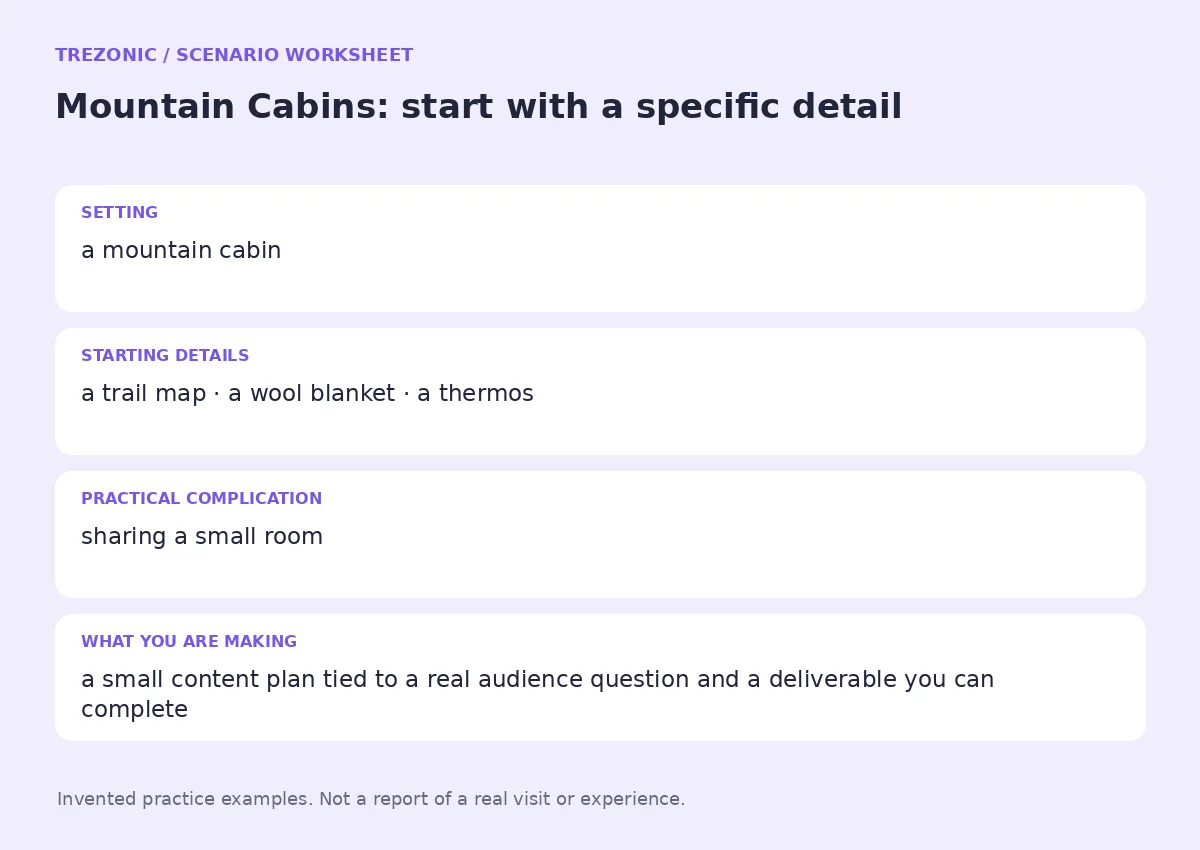 Practice worksheet for Mountain Cabins: setting, starting details, complication and goal