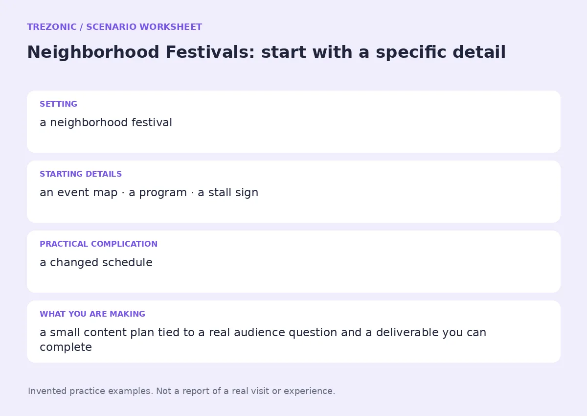 Practice worksheet for Neighborhood Festivals: setting, starting details, complication and goal
