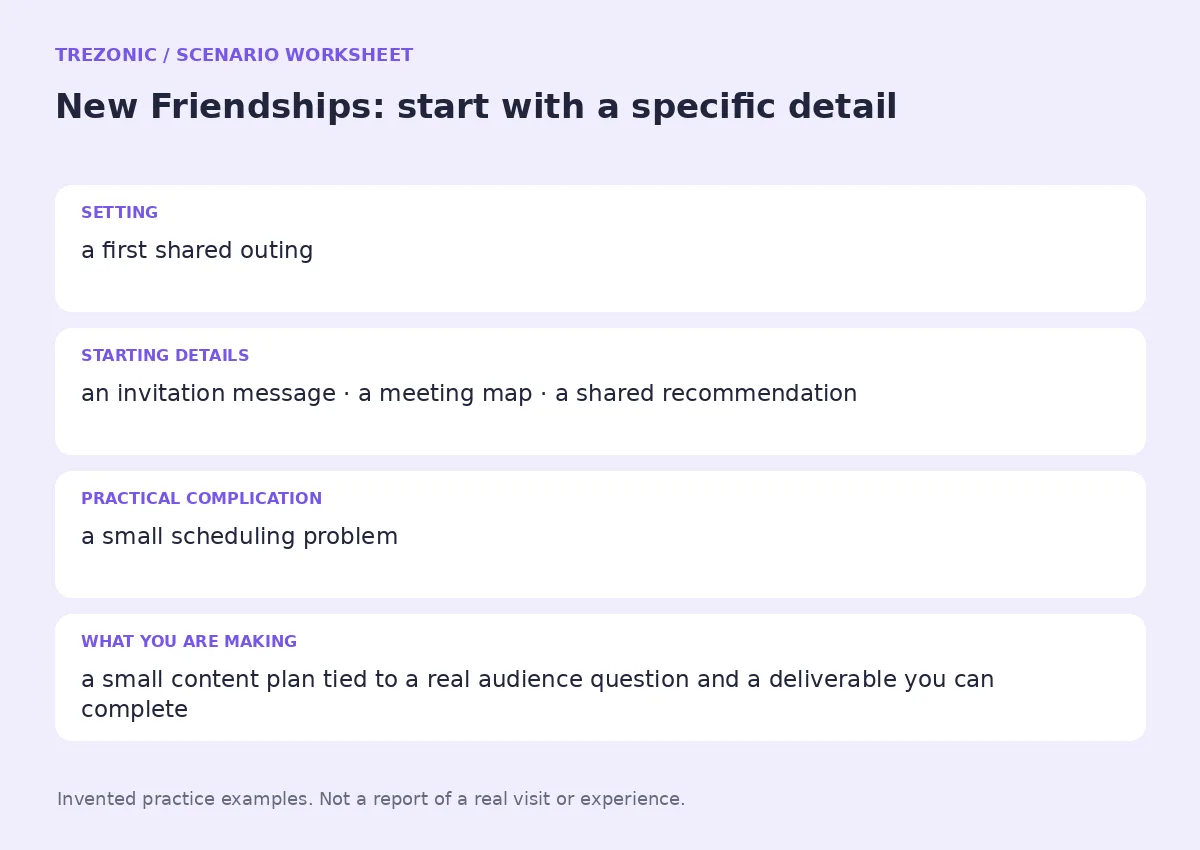 Practice worksheet for New Friendships: setting, starting details, complication and goal