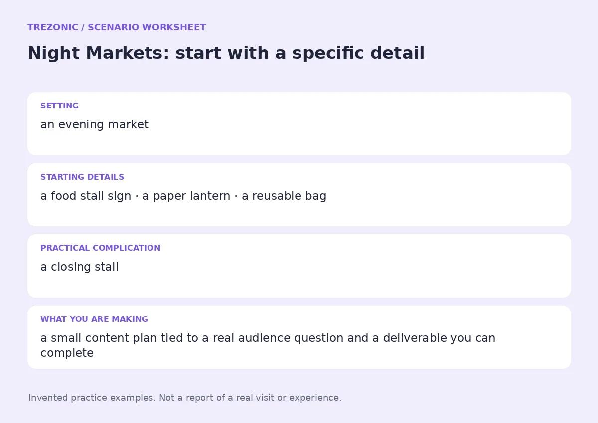 Practice worksheet for Night Markets: setting, starting details, complication and goal