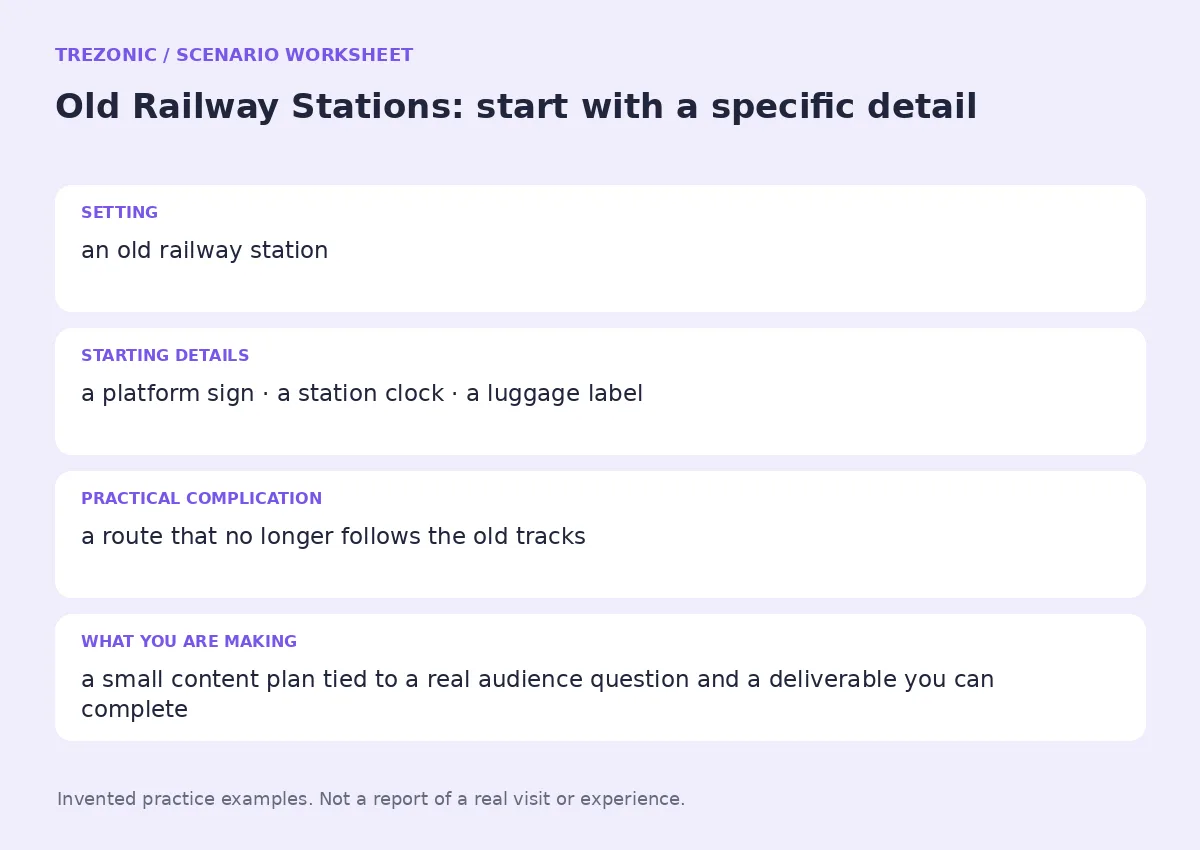 Practice worksheet for Old Railway Stations: setting, starting details, complication and goal