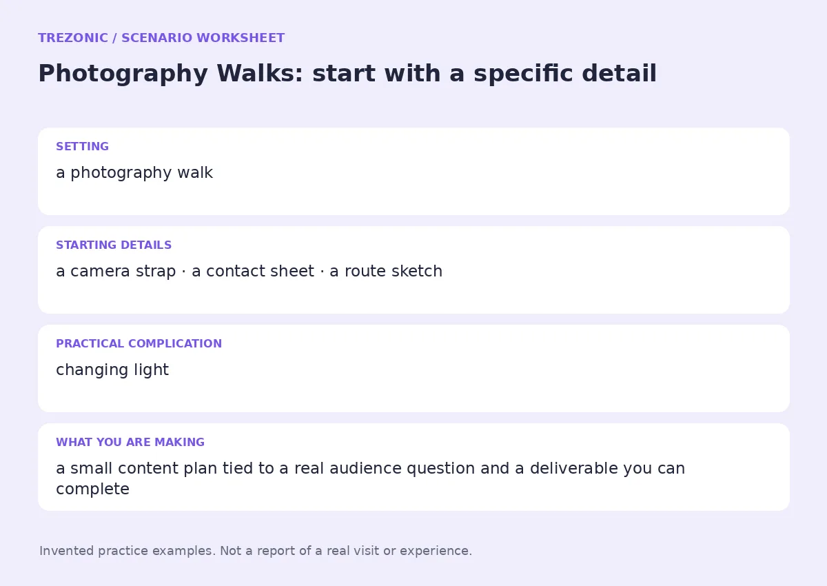 Practice worksheet for Photography Walks: setting, starting details, complication and goal