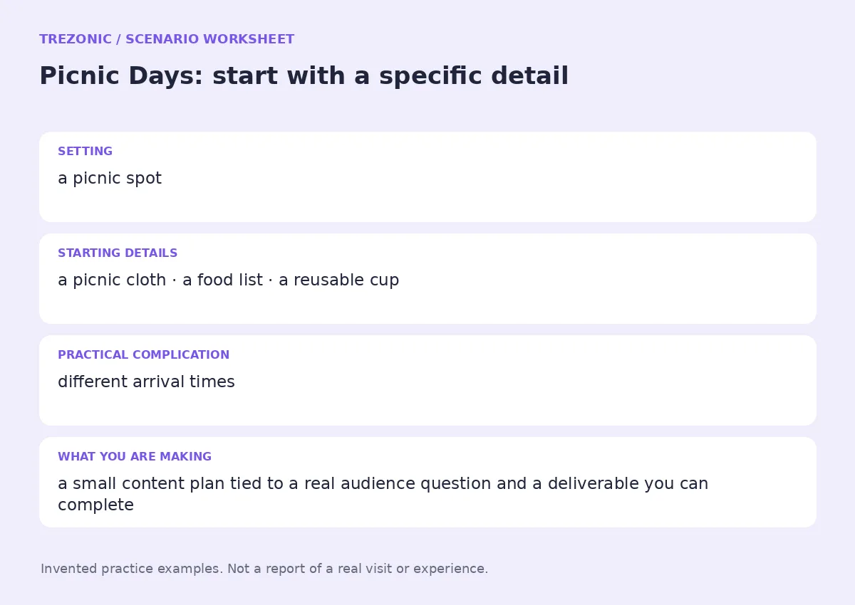 Practice worksheet for Picnic Days: setting, starting details, complication and goal