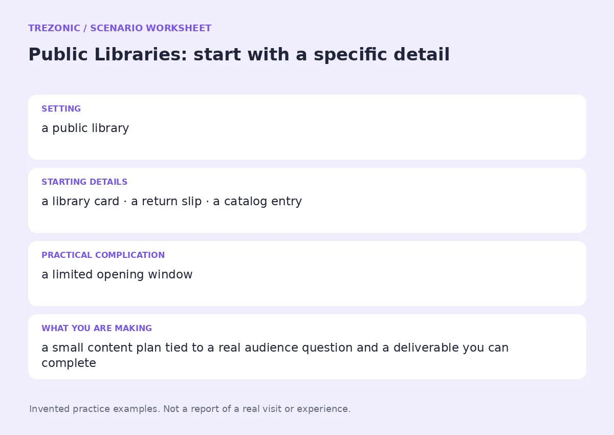 Practice worksheet for Public Libraries: setting, starting details, complication and goal