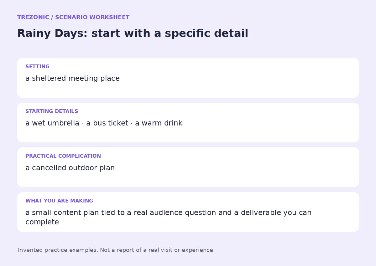 Practice worksheet for Rainy Days: setting, starting details, complication and goal