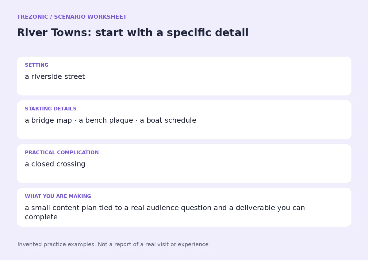 Practice worksheet for River Towns: setting, starting details, complication and goal