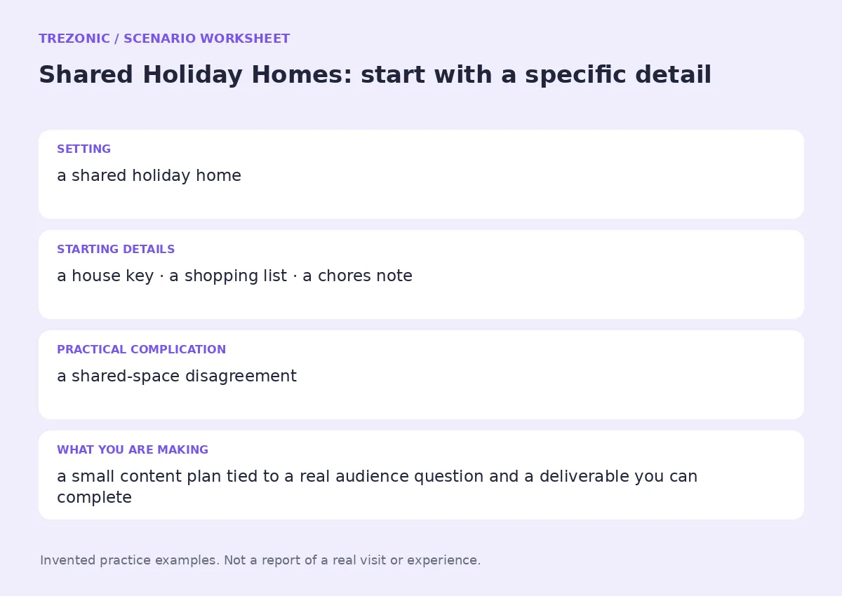 Practice worksheet for Shared Holiday Homes: setting, starting details, complication and goal
