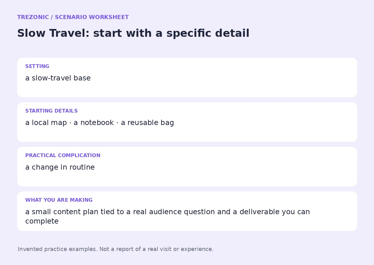 Practice worksheet for Slow Travel: setting, starting details, complication and goal