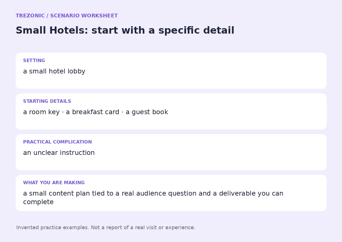 Practice worksheet for Small Hotels: setting, starting details, complication and goal