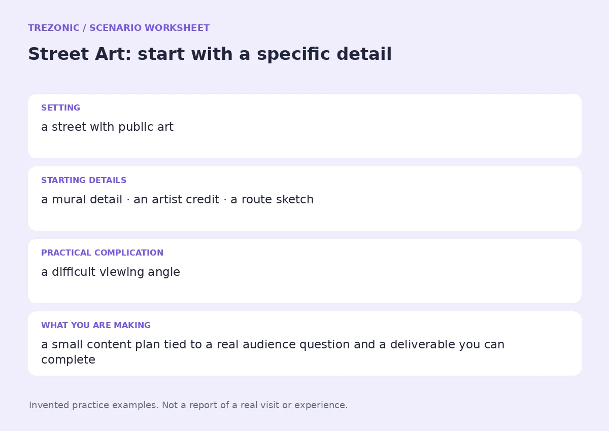 Practice worksheet for Street Art: setting, starting details, complication and goal