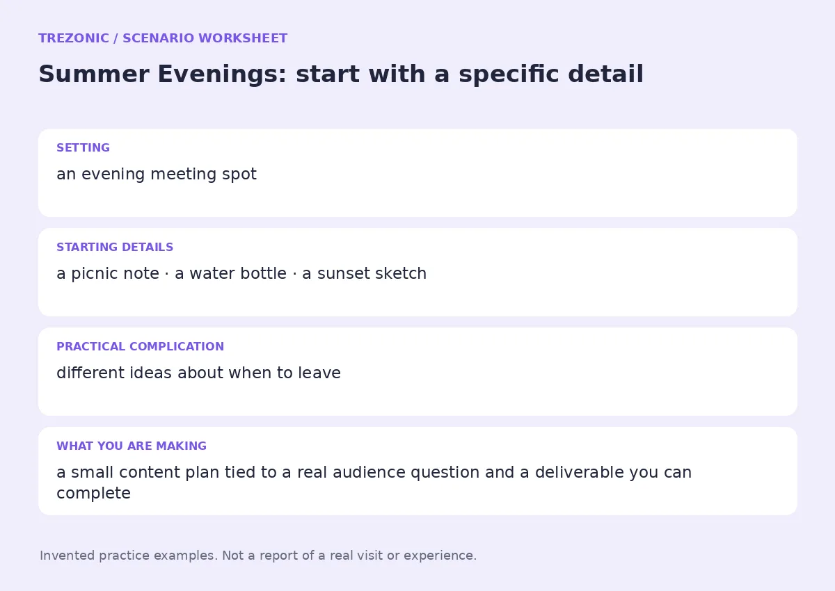 Practice worksheet for Summer Evenings: setting, starting details, complication and goal