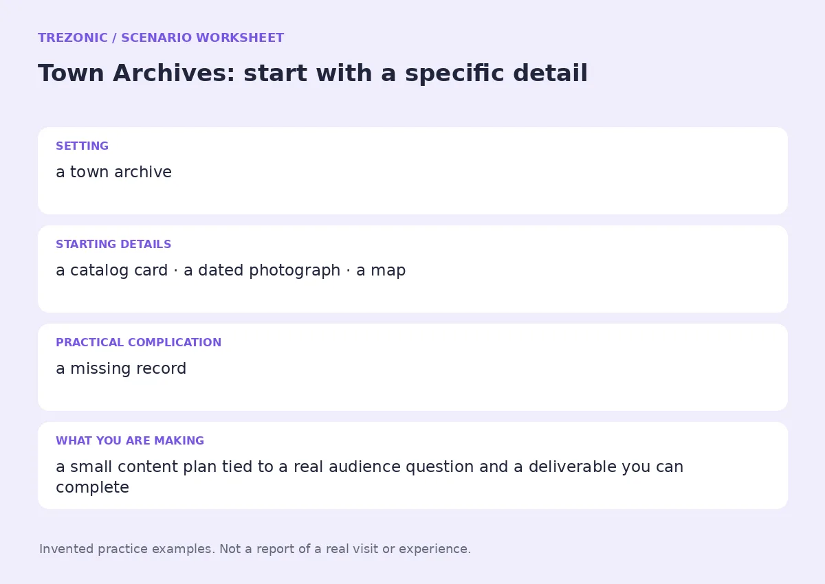 Practice worksheet for Town Archives: setting, starting details, complication and goal