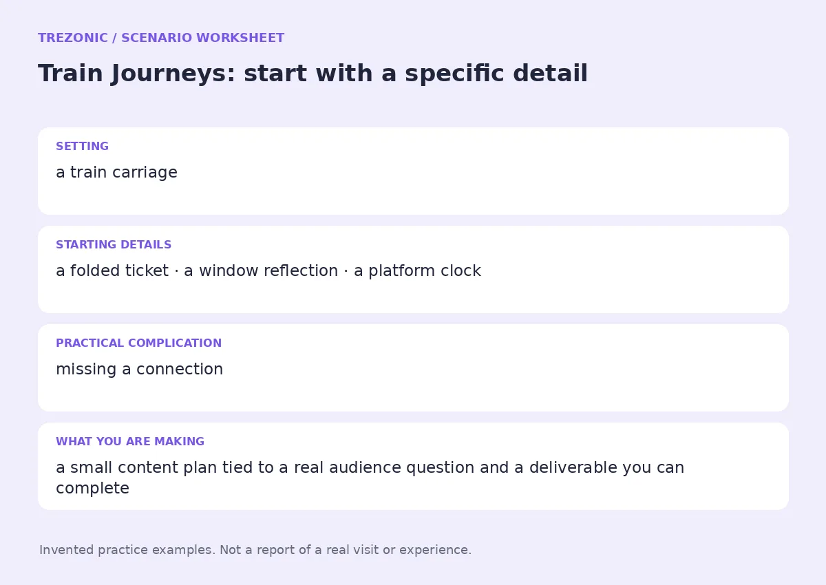 Practice worksheet for Train Journeys: setting, starting details, complication and goal