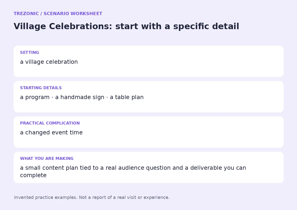 Practice worksheet for Village Celebrations: setting, starting details, complication and goal