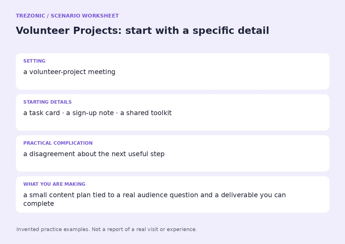 Practice worksheet for Volunteer Projects: setting, starting details, complication and goal