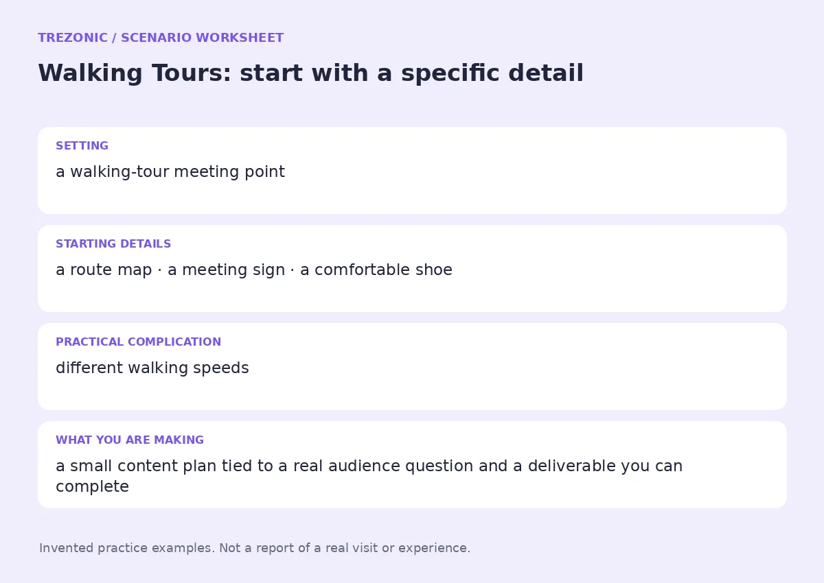 Practice worksheet for Walking Tours: setting, starting details, complication and goal