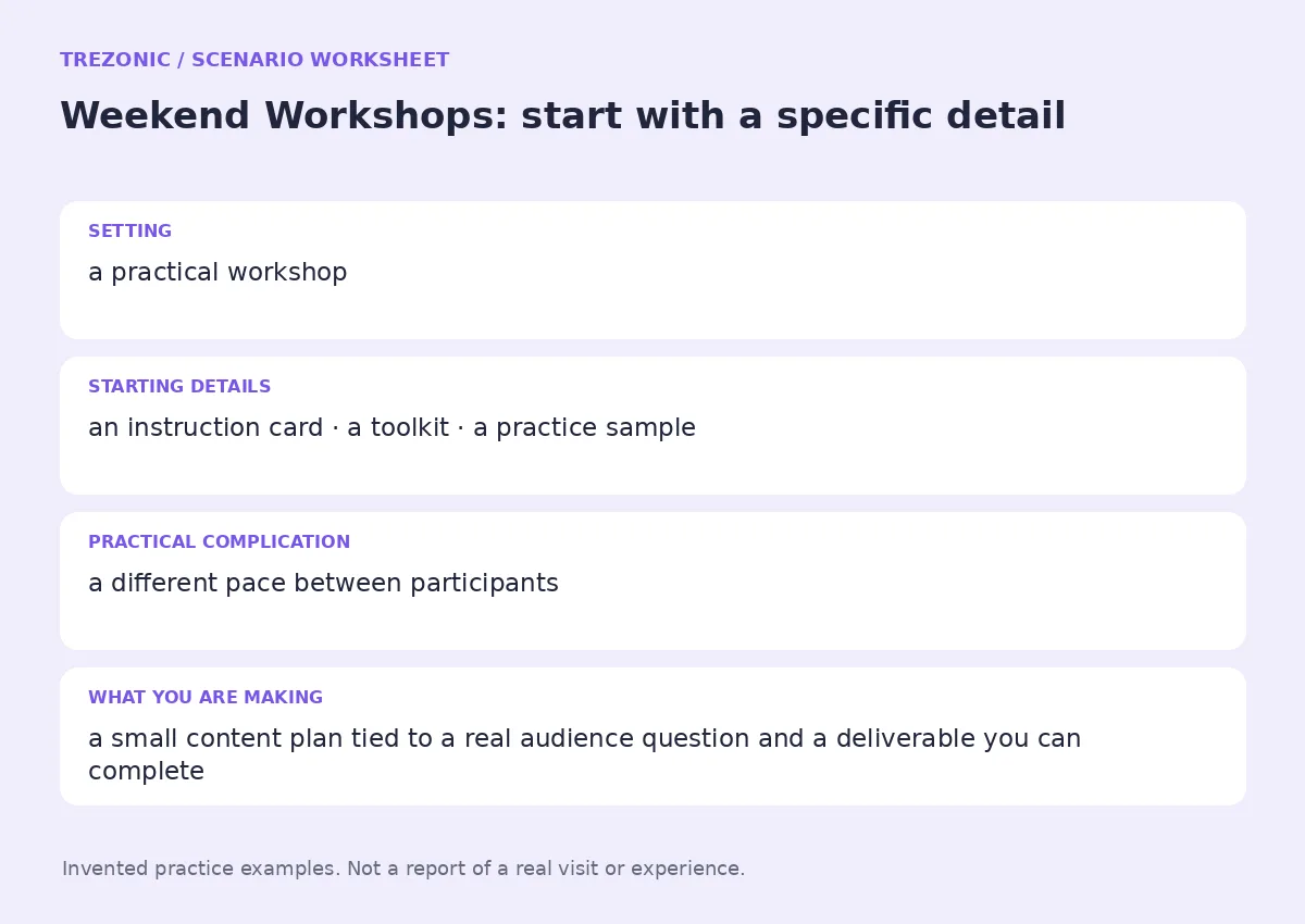 Practice worksheet for Weekend Workshops: setting, starting details, complication and goal