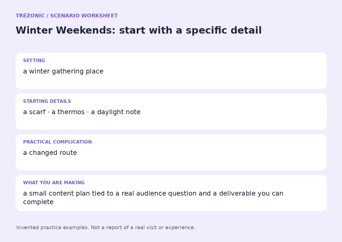 Practice worksheet for Winter Weekends: setting, starting details, complication and goal