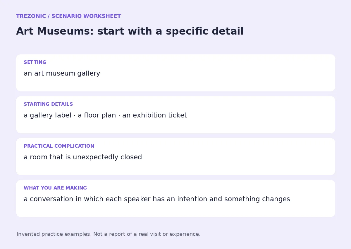 Practice worksheet for Art Museums: setting, starting details, complication and goal
