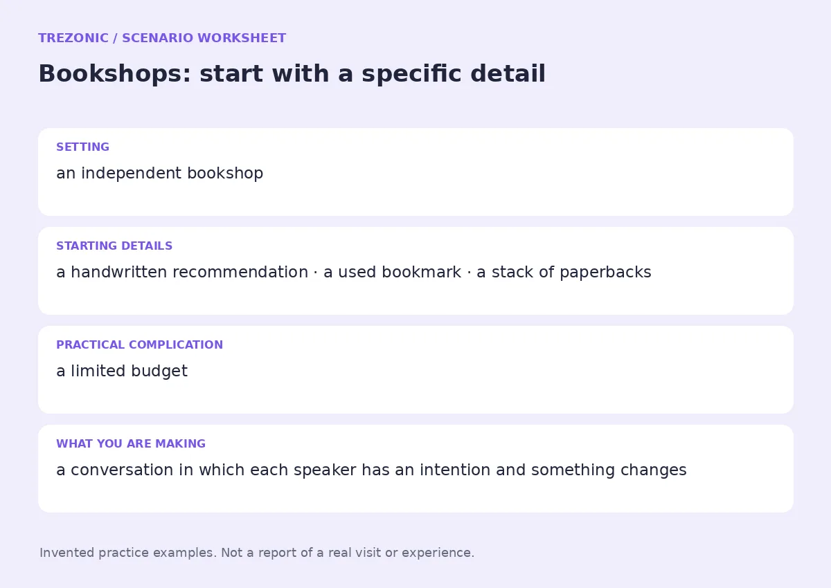 Practice worksheet for Bookshops: setting, starting details, complication and goal