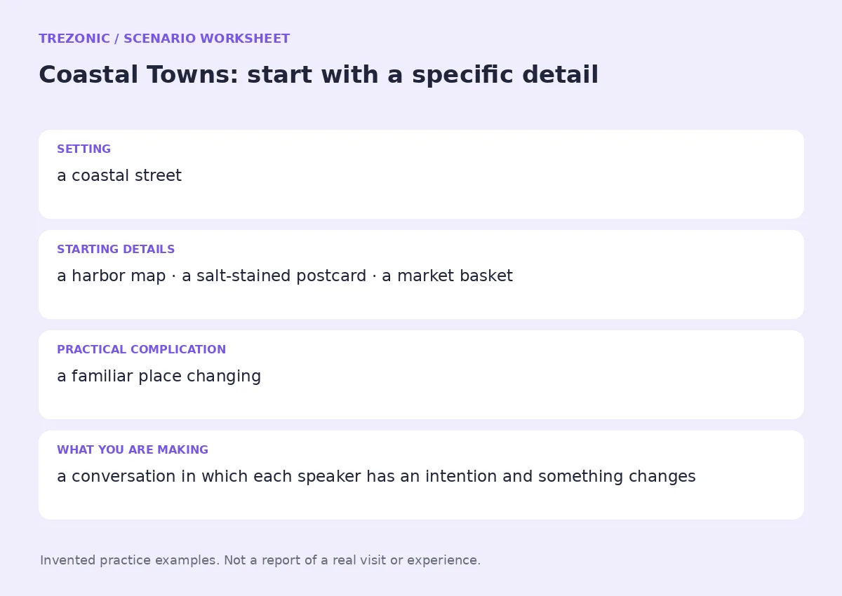 Practice worksheet for Coastal Towns: setting, starting details, complication and goal