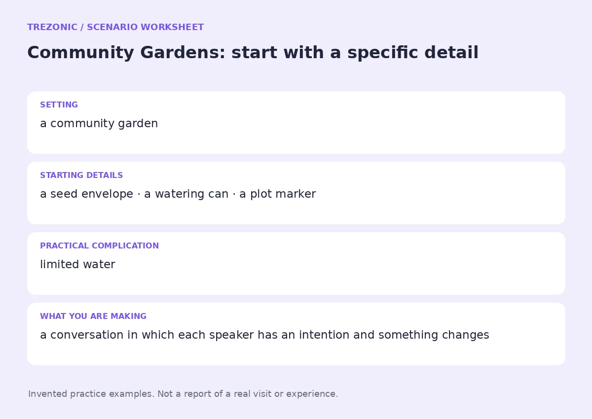 Practice worksheet for Community Gardens: setting, starting details, complication and goal