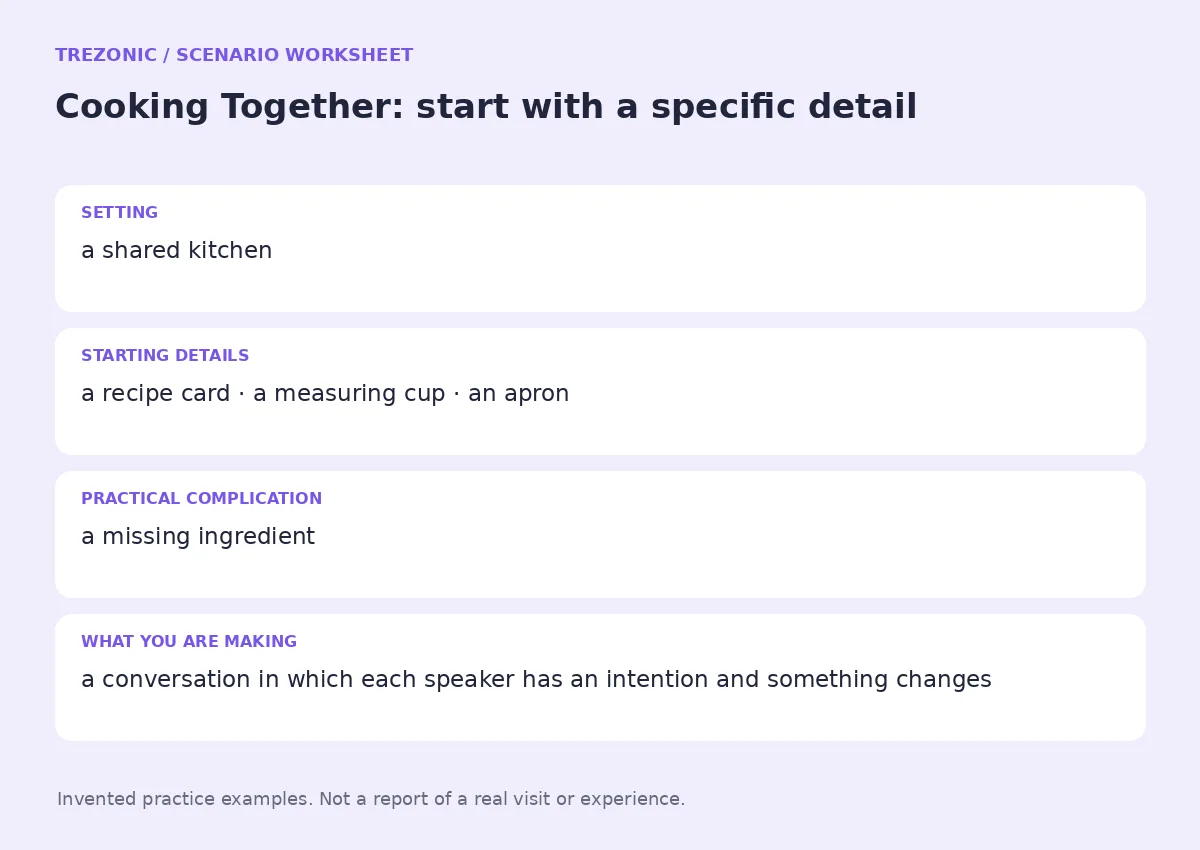 Practice worksheet for Cooking Together: setting, starting details, complication and goal