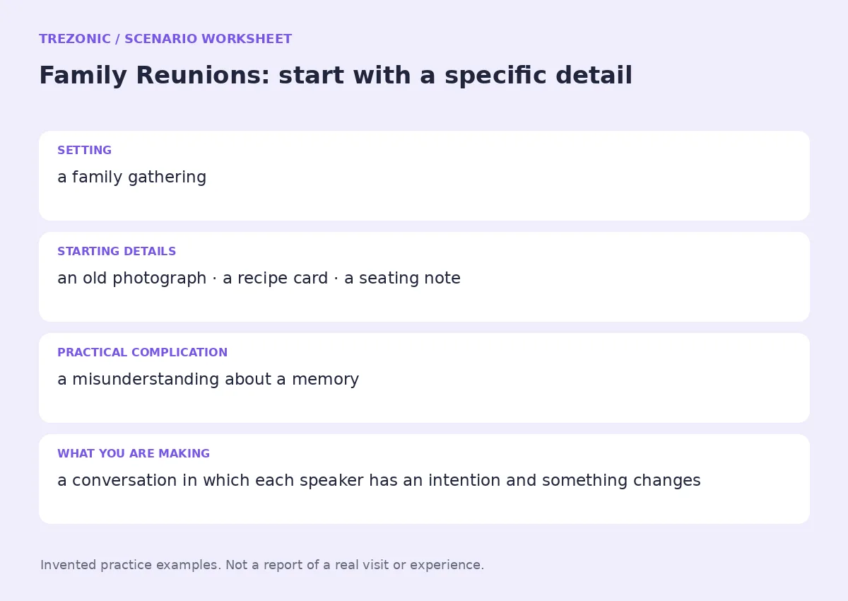 Practice worksheet for Family Reunions: setting, starting details, complication and goal