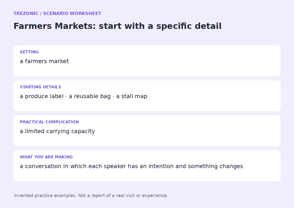 Practice worksheet for Farmers Markets: setting, starting details, complication and goal