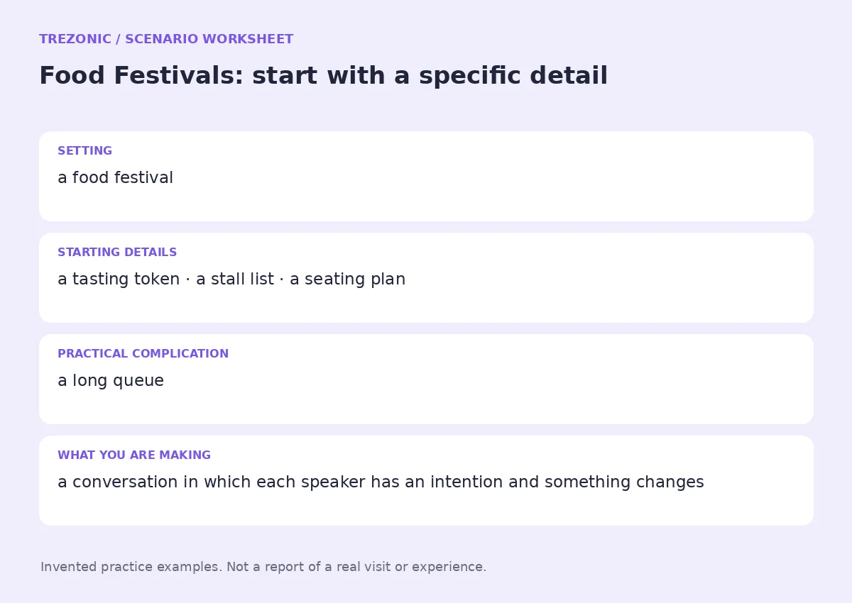 Practice worksheet for Food Festivals: setting, starting details, complication and goal