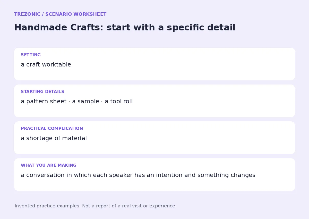 Practice worksheet for Handmade Crafts: setting, starting details, complication and goal