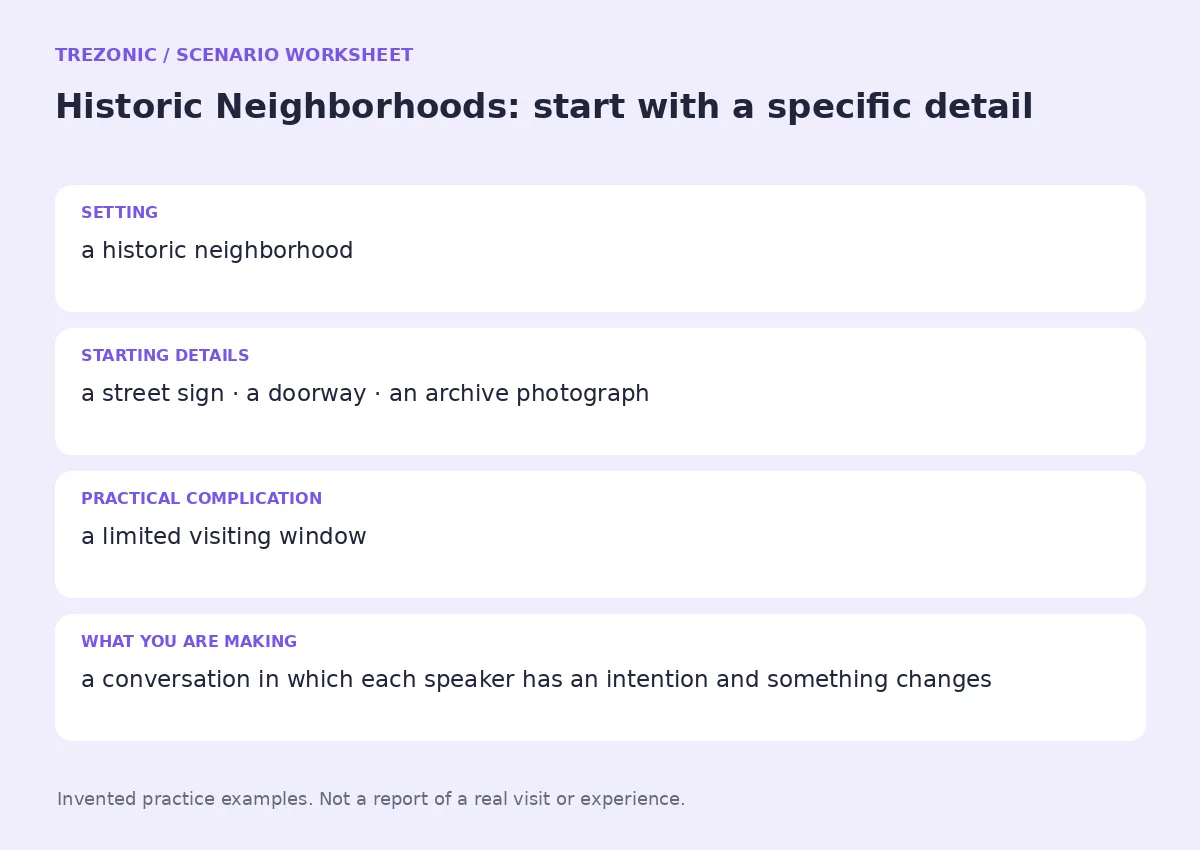 Practice worksheet for Historic Neighborhoods: setting, starting details, complication and goal