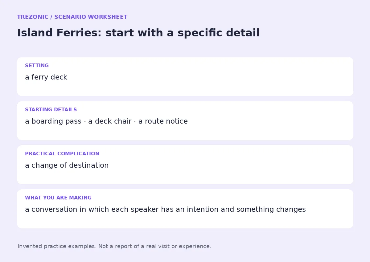 Practice worksheet for Island Ferries: setting, starting details, complication and goal