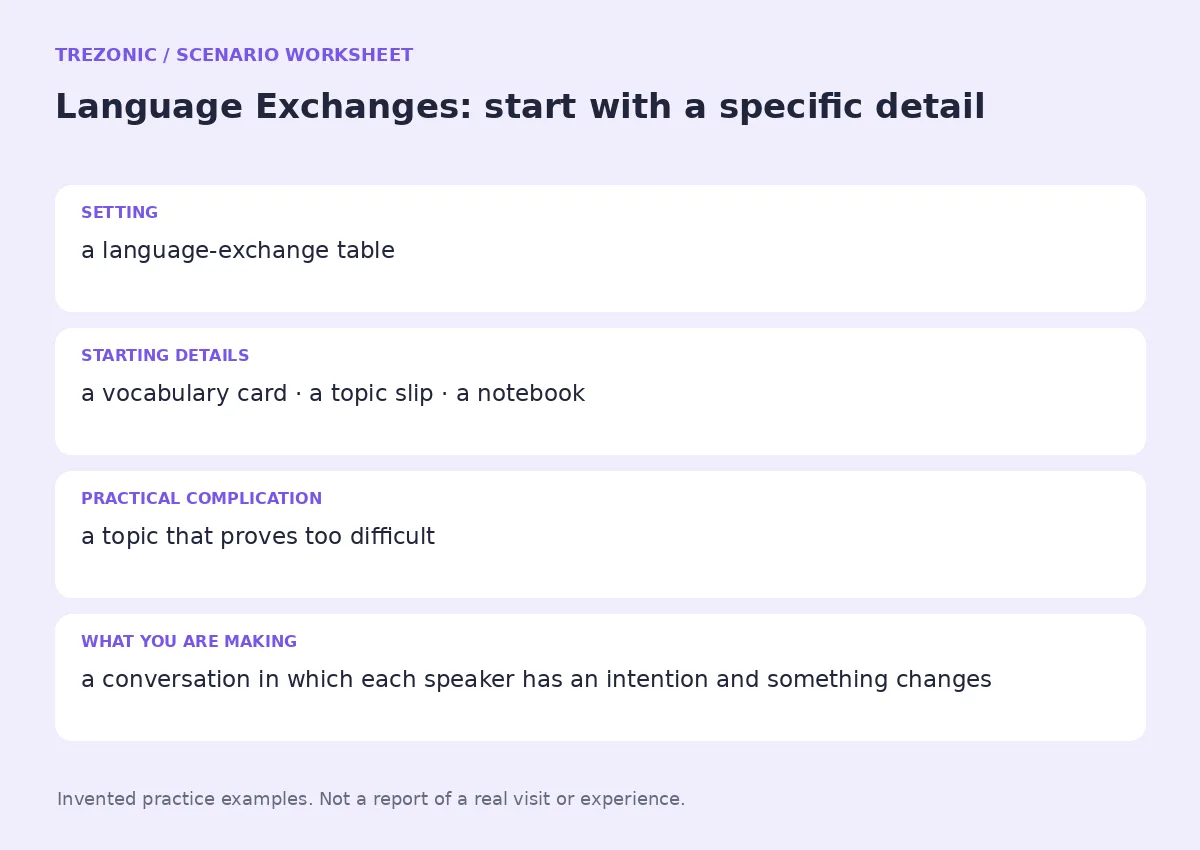 Practice worksheet for Language Exchanges: setting, starting details, complication and goal