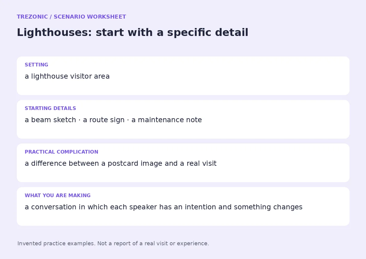 Practice worksheet for Lighthouses: setting, starting details, complication and goal